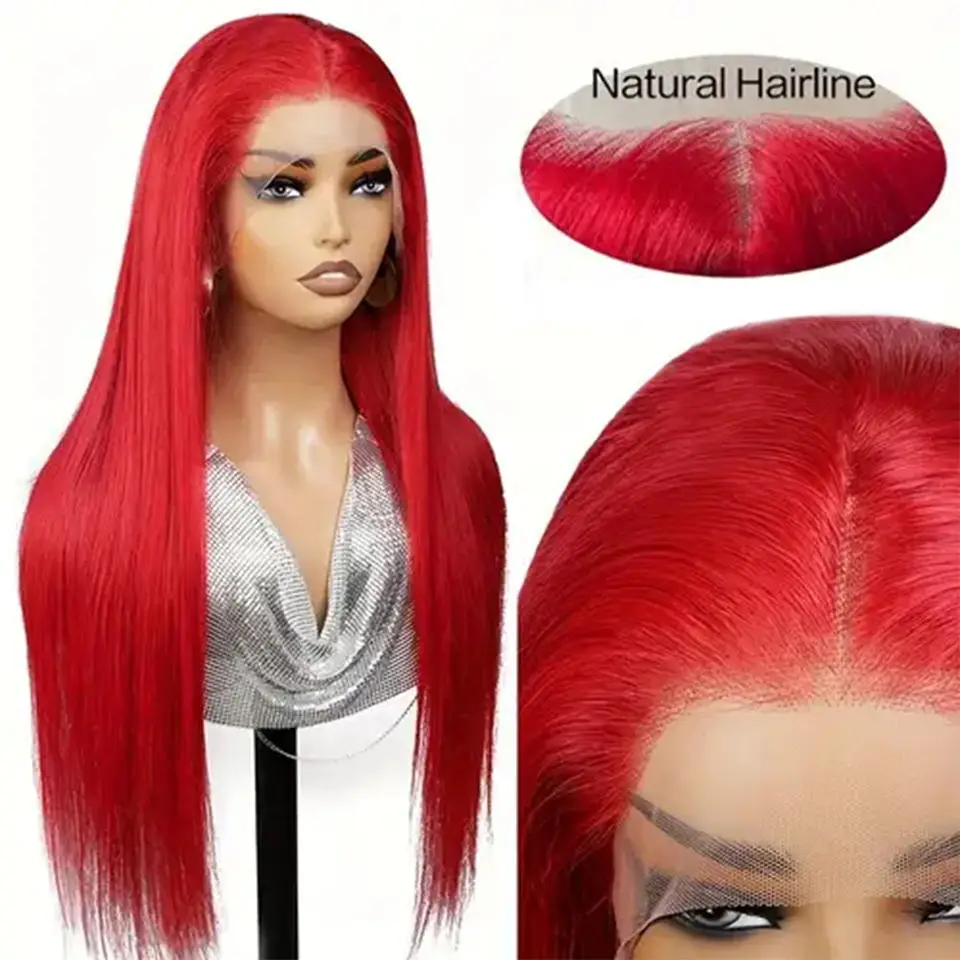 Long Straight Red Lace Front Wigs Heat Resistant Synthetic Fiber Hair 24inch Glueless T Part Lace Wig