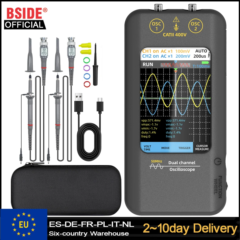 BSIDE O2 Touchscreen-Oszilloskop Signalgenerator Handgerät 3,98-Zoll 50MHz Zweikanal-Digitaloszilloskop Wellenform-Tester