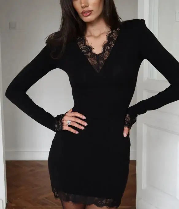 

Women Dresses 2026 Spring Autumn New V-Neck Lace Splicing Black Sexy Slim Fit Long Sleeve Butt Wrapped Temperament Elegant Dress