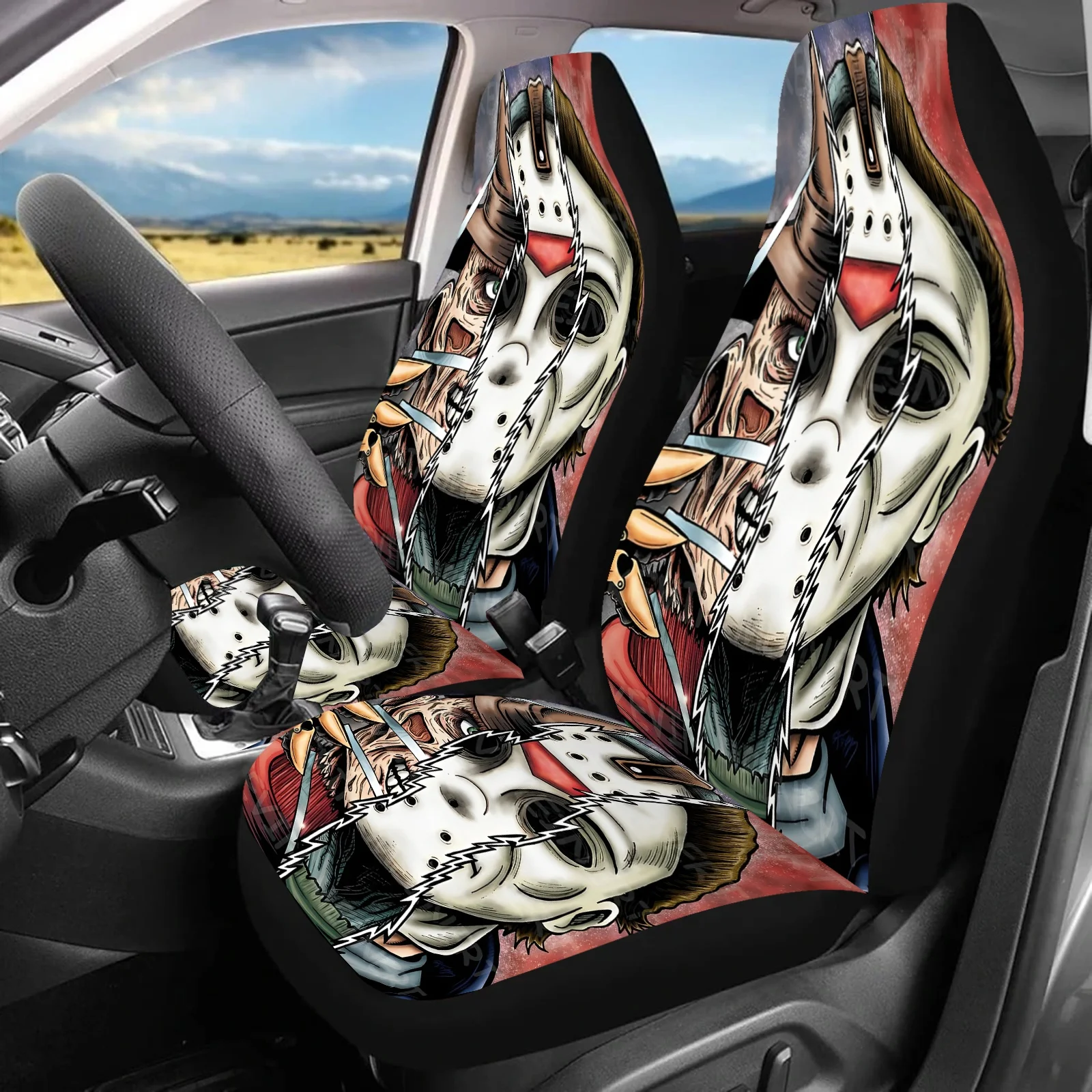 2pcs Cartoon Masked Person Print Car Seat Covers For Women And Men, Universal Auto Front Seats Protector Fits For Car, SUV Sedan