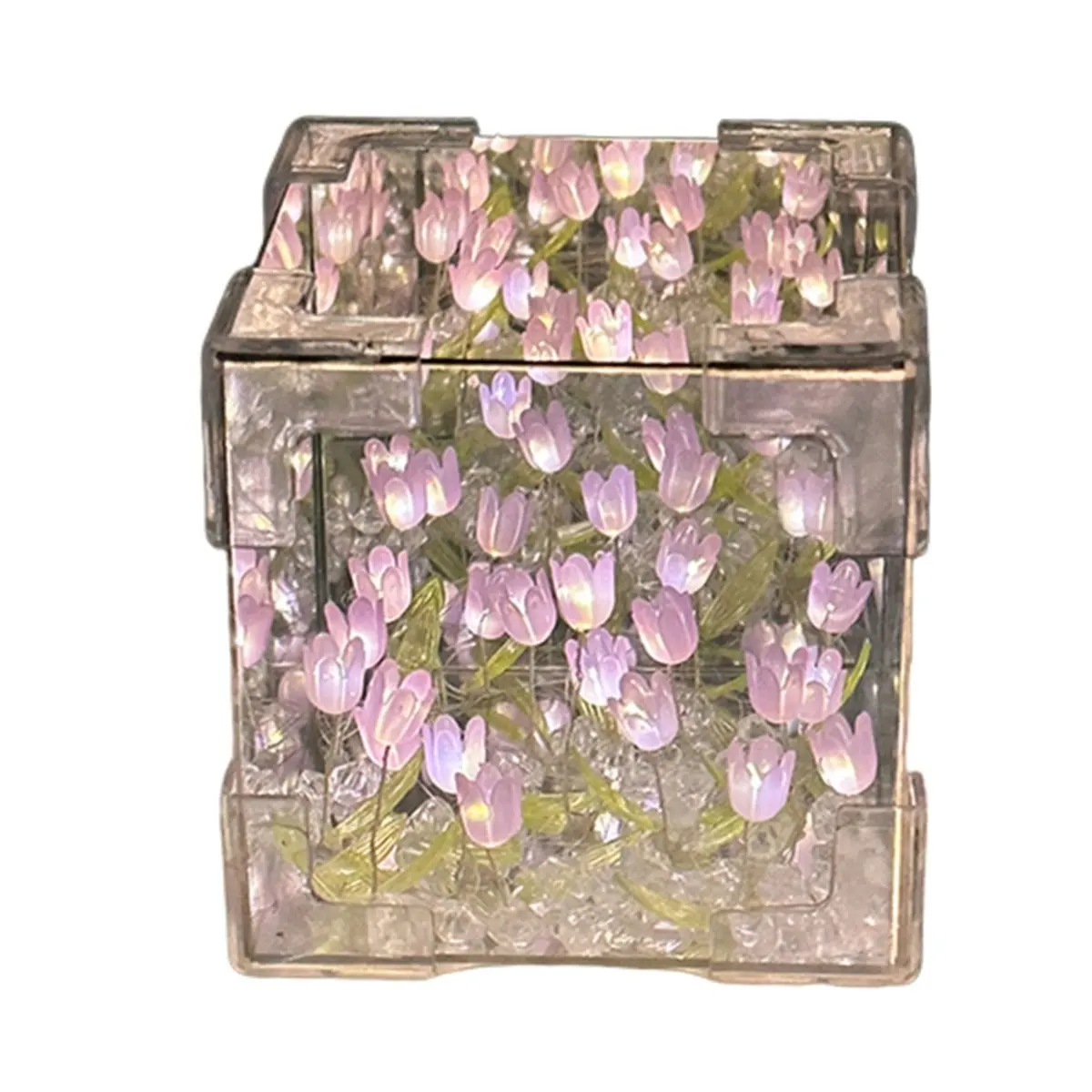 【Lamp】 DIY Tulip Mirror Cube Lamp Simulation Flower Bedroom Sleeping Table Handmade Tulip Small Night Light Gift Purpler