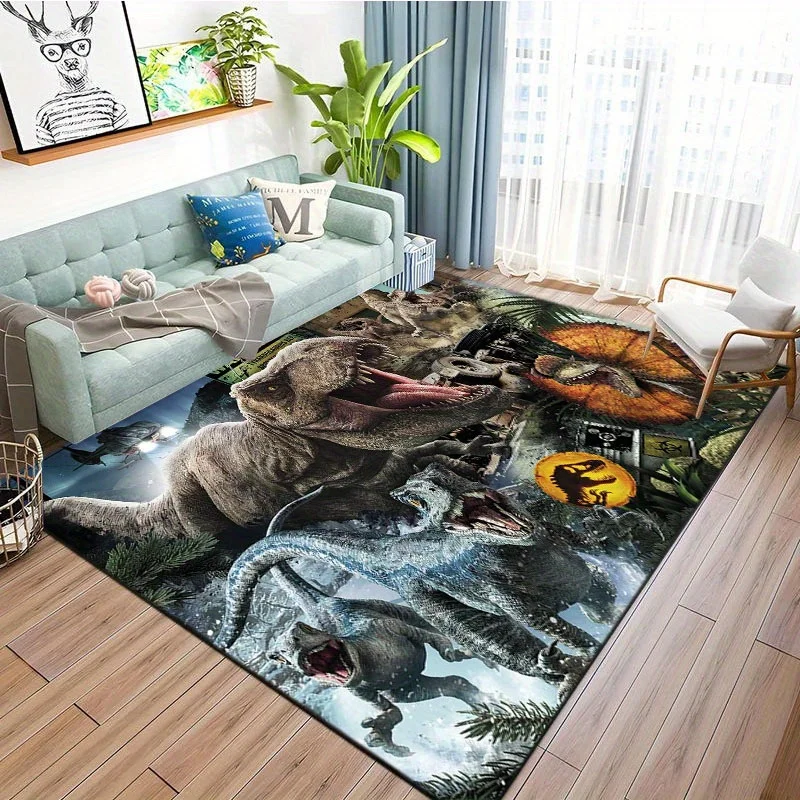 Jurassic Dilophosaurus T-Rex Velociraptor Area Rug, Durable Polyester Dinosaur Theme Mat for Living Room Bedroom Kitchen Outdoor