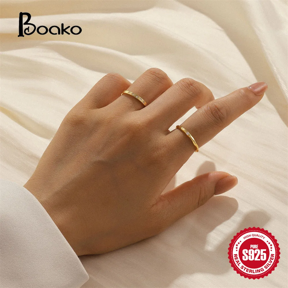 BOAKO 100% 925 Sterling Silver Metalic Texture Finger Ring Gładkie pierścionki z cyrkonią dla kobiet Mężczyźni Codzienne noszenie Biżuteria urodzinowa Prezent