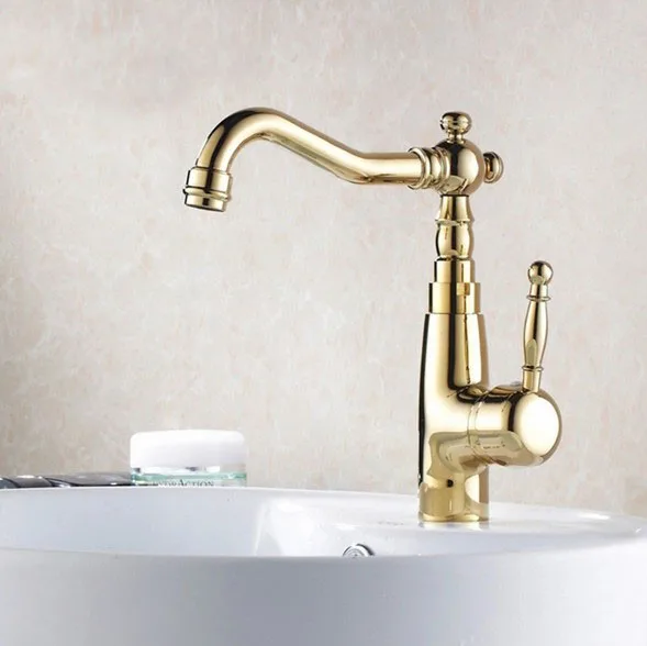 

NEW European Style Basin Faucet Golden Brass Kitchen Bathroom Sink Cold And Hot Water Mixer Tap Single Handle Swivel Taps Dgf005