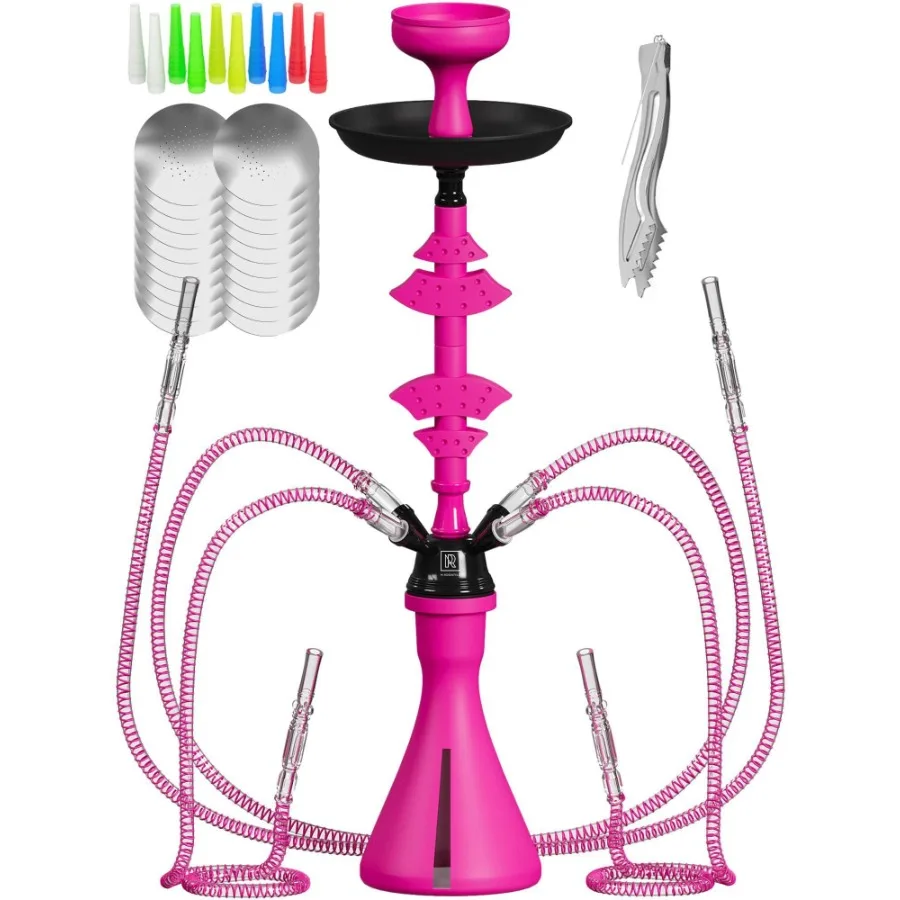 

Hookah Set With Everything 4 Hose Pink Hookah with 50x Foil Big Silicone Bowl 10x Tips 4x Mouthpiece 4x Hookah Hose Tongs Hooka