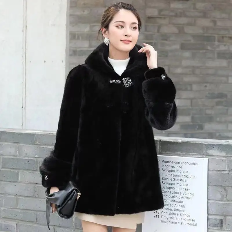 

2023 New Women Faux Mink Skin Fur Coat Mid-Length Thickened Warm Hooded Parkas Winter Female Fashion Casual Solid Color Outwear