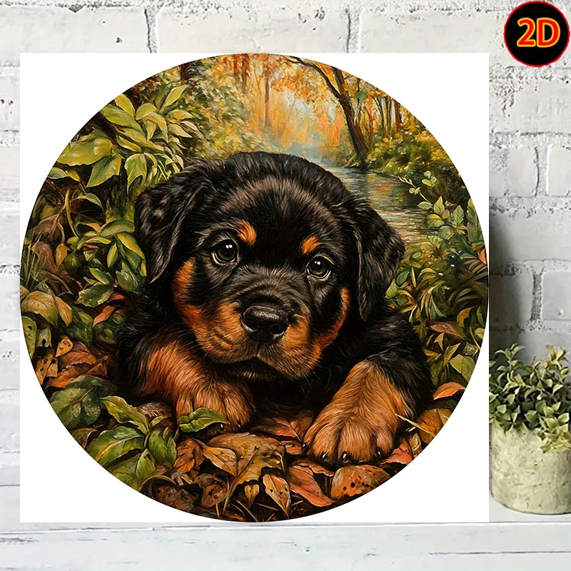 Vintage Rottweiler Puppy Autumn Forest Scenic Round Sign, Rustproof Scratch Resistant Metal Decor Painting, Ideal for Home Entry