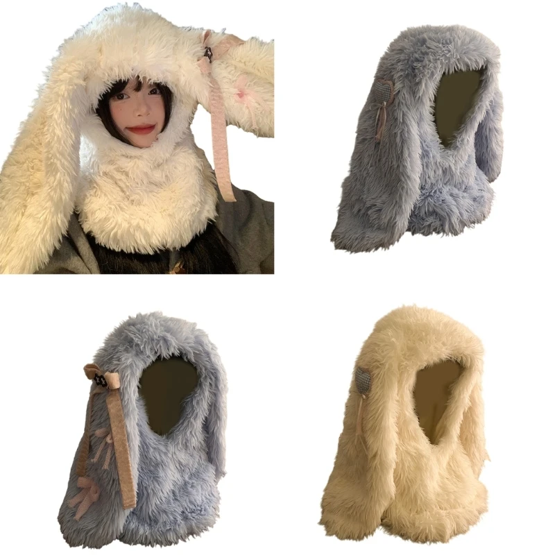 Plush Balaclava Caps Thicken Liner Hooded Scarf Hat with Rabbits Ear for Skiing