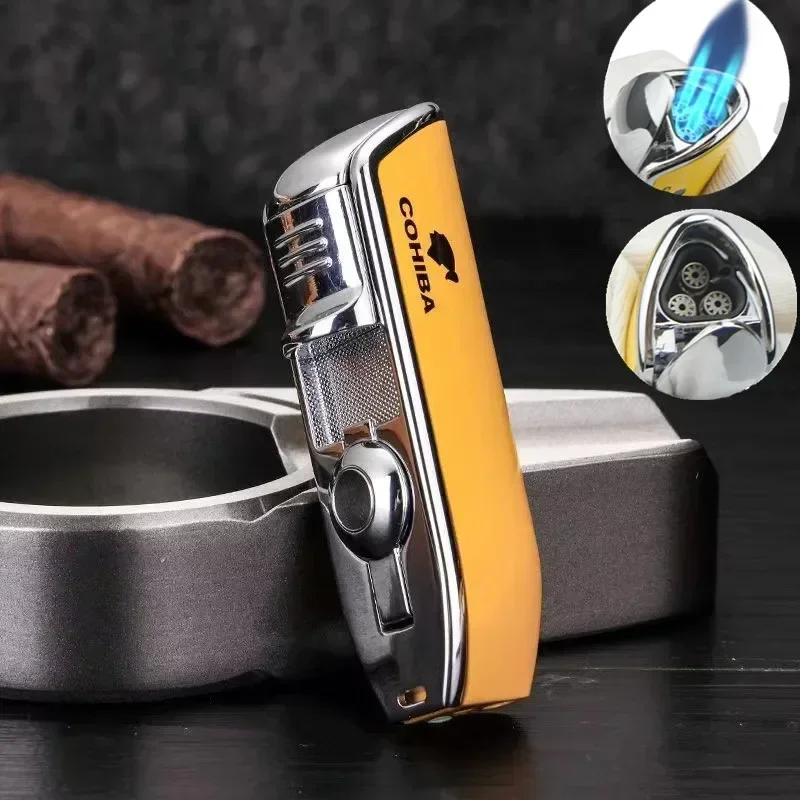 New COHIBA Metal Cigar Lighter 3Jet Blue Flame Turbo Torch Windproof Lighter Portable Igniter with Cigar Punch Tool For Men Gift