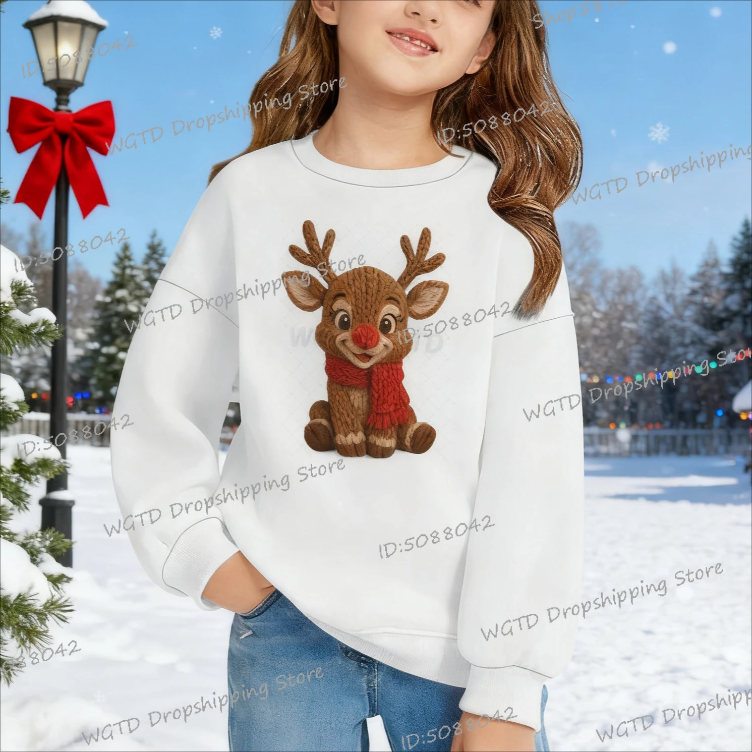 

Kids Christmas Deer with Crochet Style Pattern Sweatshirts Autumn Winter Festive Pullover for Boys Girls Crewneck Xmas Clothing