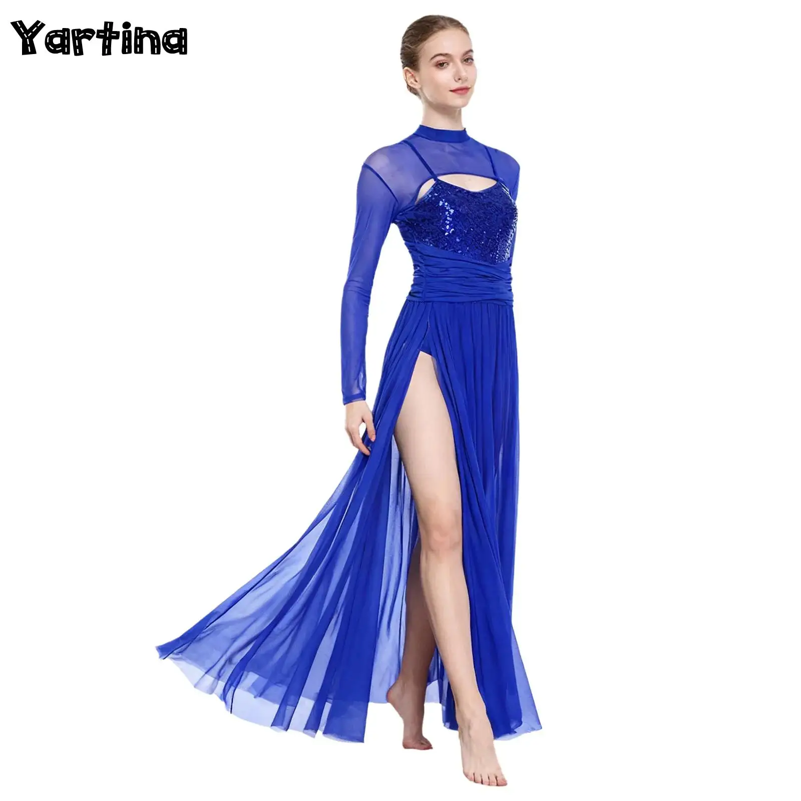 إمرأة الباليه أزياء رقص غنائي الترتر شبكة تول فلوي ماكسي فستان طويل المدمج في ملخصات موردن المعاصرة Dancewear