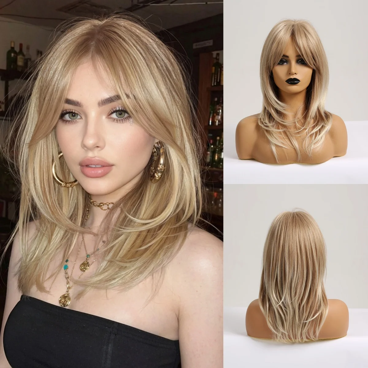 

ALAN EATON Blonde Ombre Platinum Synthetic Wigs Medium Length Layered Wig with Bangs for Women Daily Party Use Heat Resistant