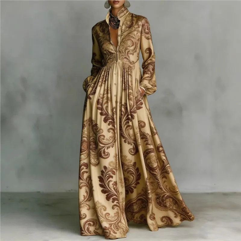 Retro-Print Maxikleid mit Hoher Taille, Plissiertes Kleid mit Hemdkragen, Knöpfen und Taschen, Langärmliges Boho-Urlaubskleid
