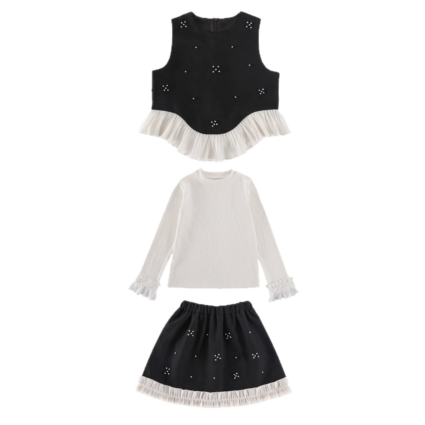 

Spring Autumn Kids Clothing Suit for Girls Outfits 2026 New Fashion Beaded Vest + Skirt + Long Sleeve Shirt 3PCS Children Sets
