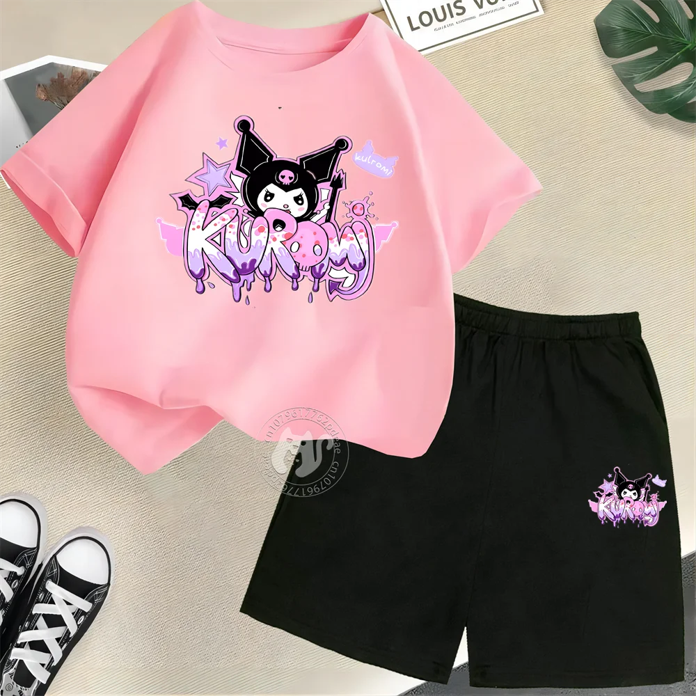 Sanrio Kids 100% Cotton T-shirt Kulomi Print Boys Girls Short Sleeve T-shirt + Shorts Kids Sweet and cute summer set