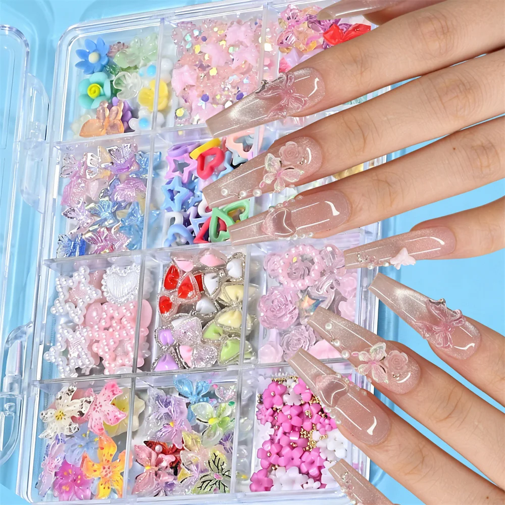 12Grids/box Macaron Colorful Resin Bow/Pearl/Star Nail Charm Kawaii Bow/Lily Flowers Nail Decor Mixed Acrylic Bow Manicure Craft