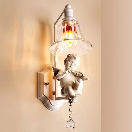 Creative Pastoral Clear Glass White Angel Crystal E14 Wrought Iron Metal Wall Lamp Wall Sconce For Aisle Foyer Abajur Lamparas