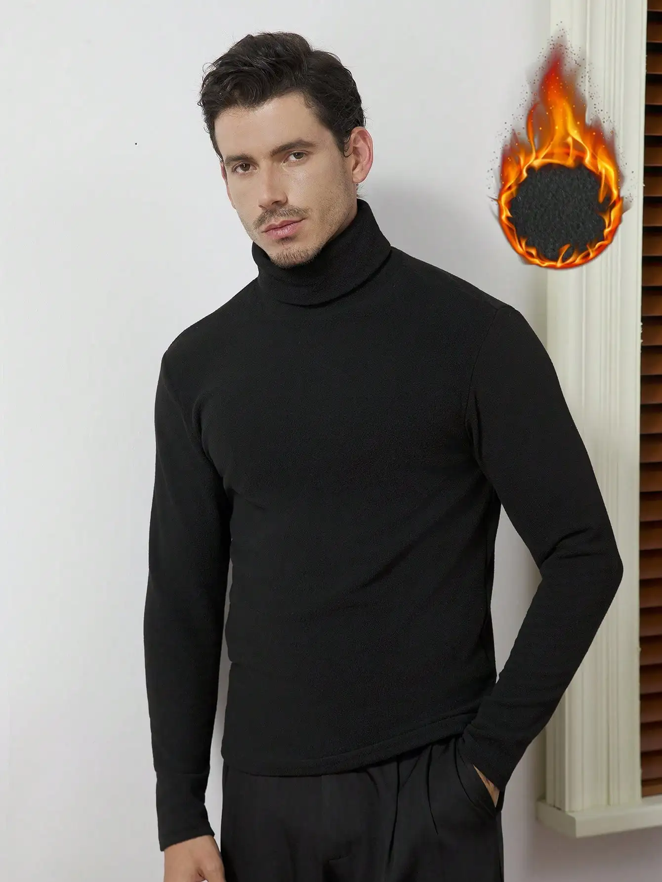 Men's Black High-Neck Long Sleeve Thermal Base Layer Top