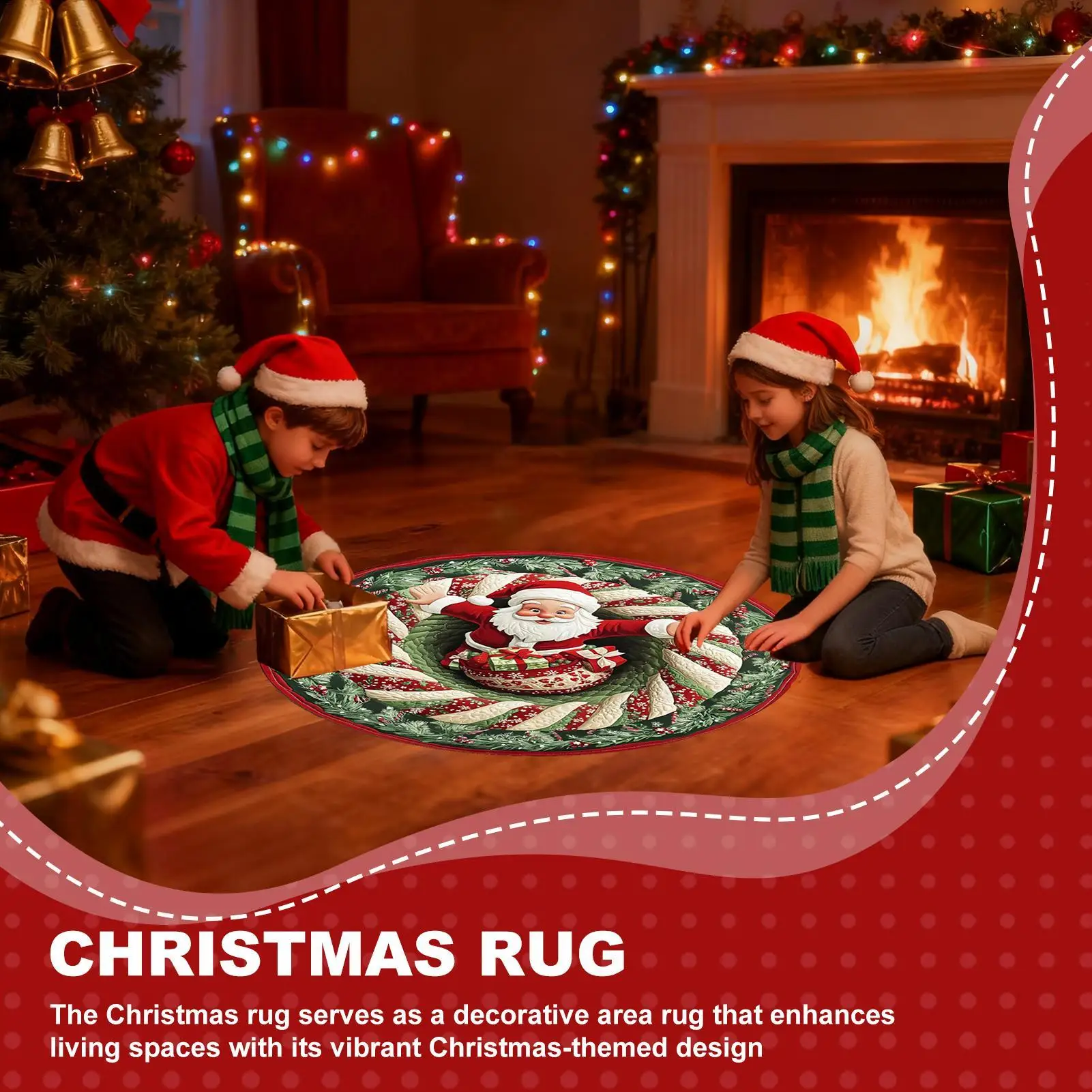 Christmas Area Rug Optical Illusion Santa Claus 3D Optical Christmas Carpet Holiday Decor For Living Room Entryway Office Dorm