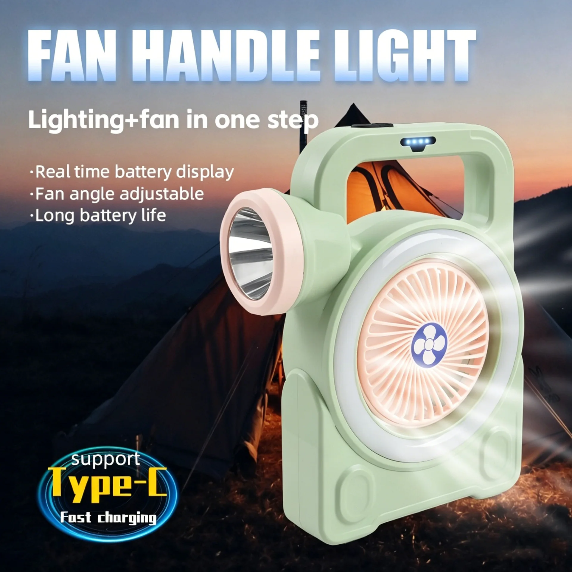 2400mAh Portable Camping Lantern USB-C Rechargeable Tent Fan Light with Flashlight 3-Speed Adjustable Cooling Fan for Outdoor