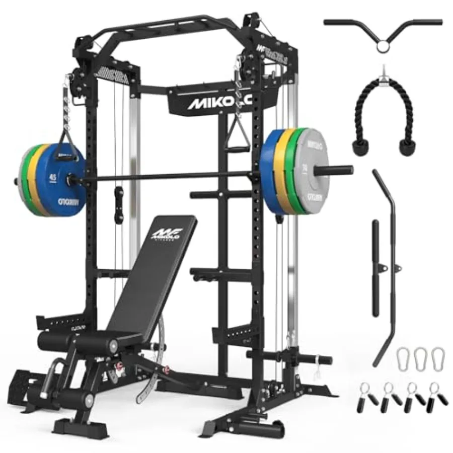 

Power Cage for home gym use, steel construction, black finish, 2000LB capacity with independent dual pulley system for cable cr