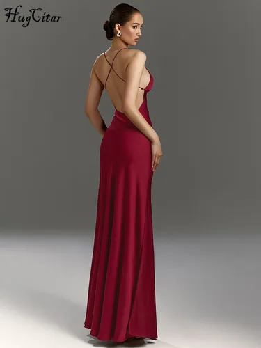 Imagen 2 del producto Hugcitar elegante cuello en V sólido resbalones espalda descubierta Sexy hendidura Maxi vestido de graduación 2025 moda de verano ropa de mujer fiesta de noche vacaciones