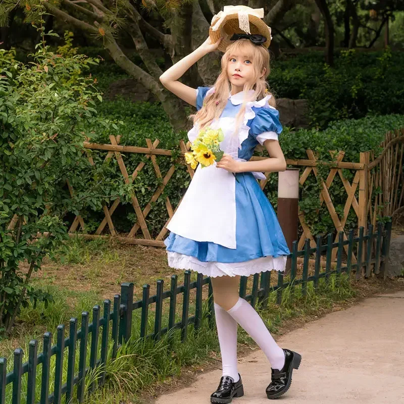 

Ladies Summer Short Sleeve Blue Apron Dress Princess Cosplay Costume Dress Girls Maid Anime Alice Halloween Cosplay Costume