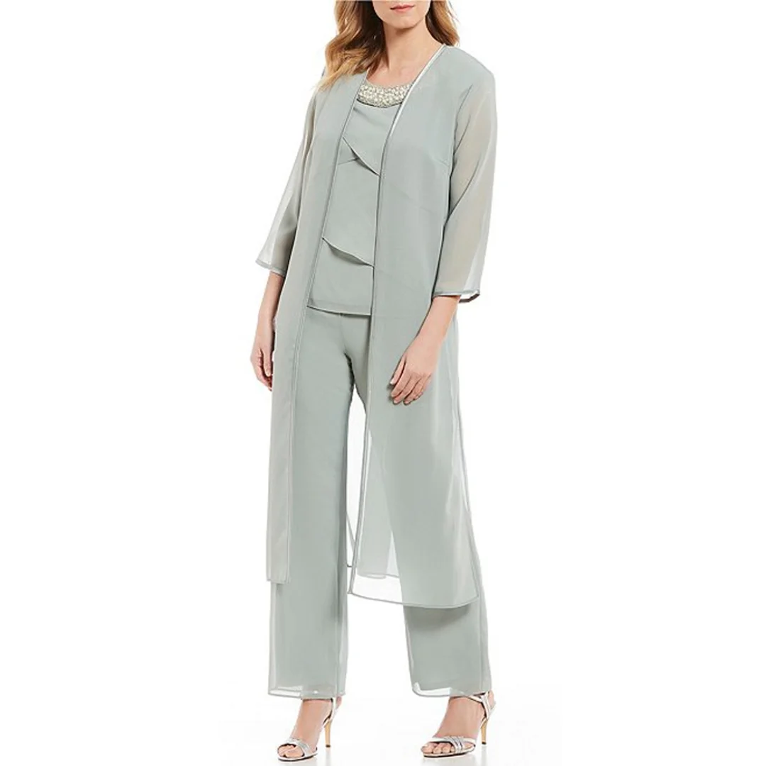 Tailleur-pantalon chic personnalisé avec haut précieux embelli et veste à plumeau fluide pour la mère de la mariée, robe de soirée de mariage