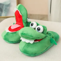 Funny Green Alligator Indoor Shoes for Women 2025 Warm Flat Cotton Slippers Creative Open Mouth Animal Short Plush Slides Home