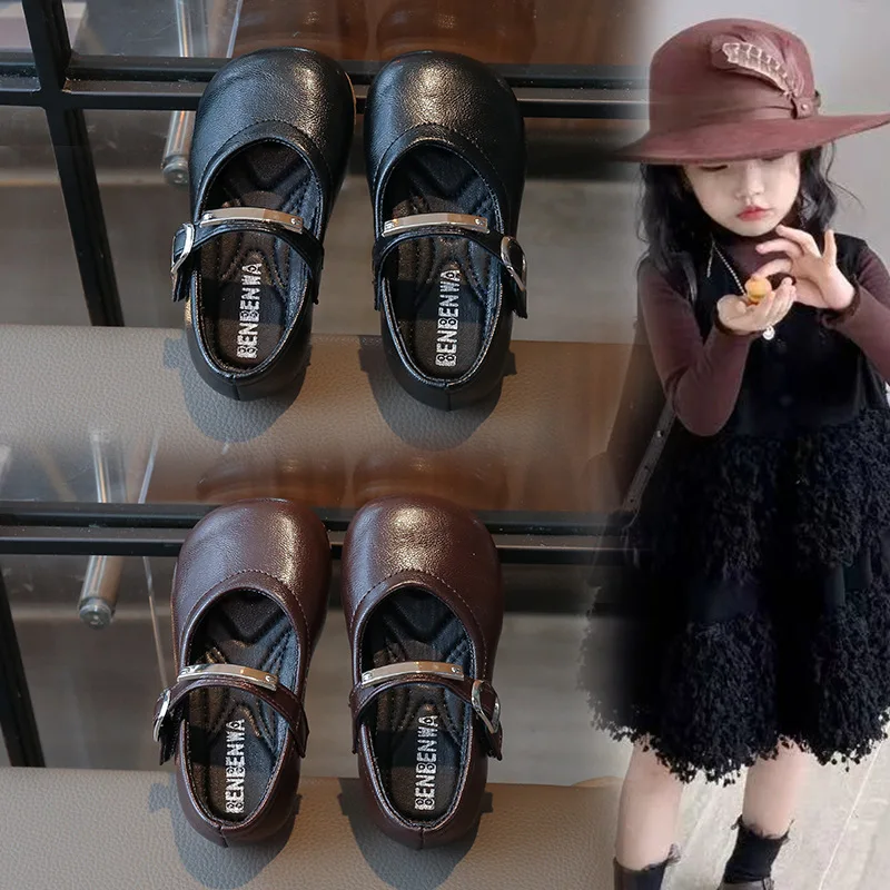 2026 Autumn Princess Girl PU Shoe Kids Mary Jane Flats for Student Black School Platform Baby Toddler Footwear 22-31