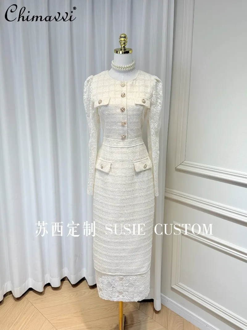 

French Fashion Lace Patchwork Puff Sleeve Waist-Cinching Slim Dress Spring Autumn New Women's Birthday Dress Spring Autumn New