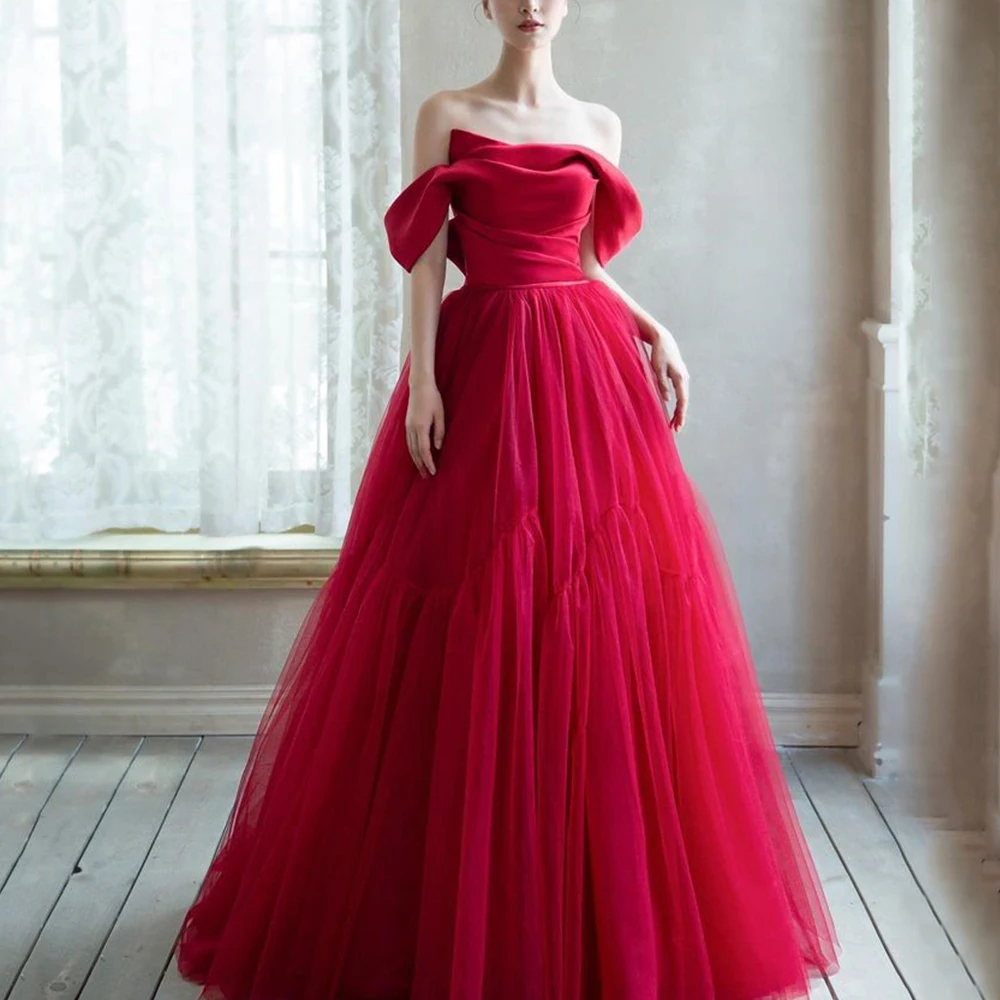 

Modern Red Off the Shoulder Evening Dress Satin Mermaid Floor Length with Detachable A-Line Tulle Train Customized Prom Gowns