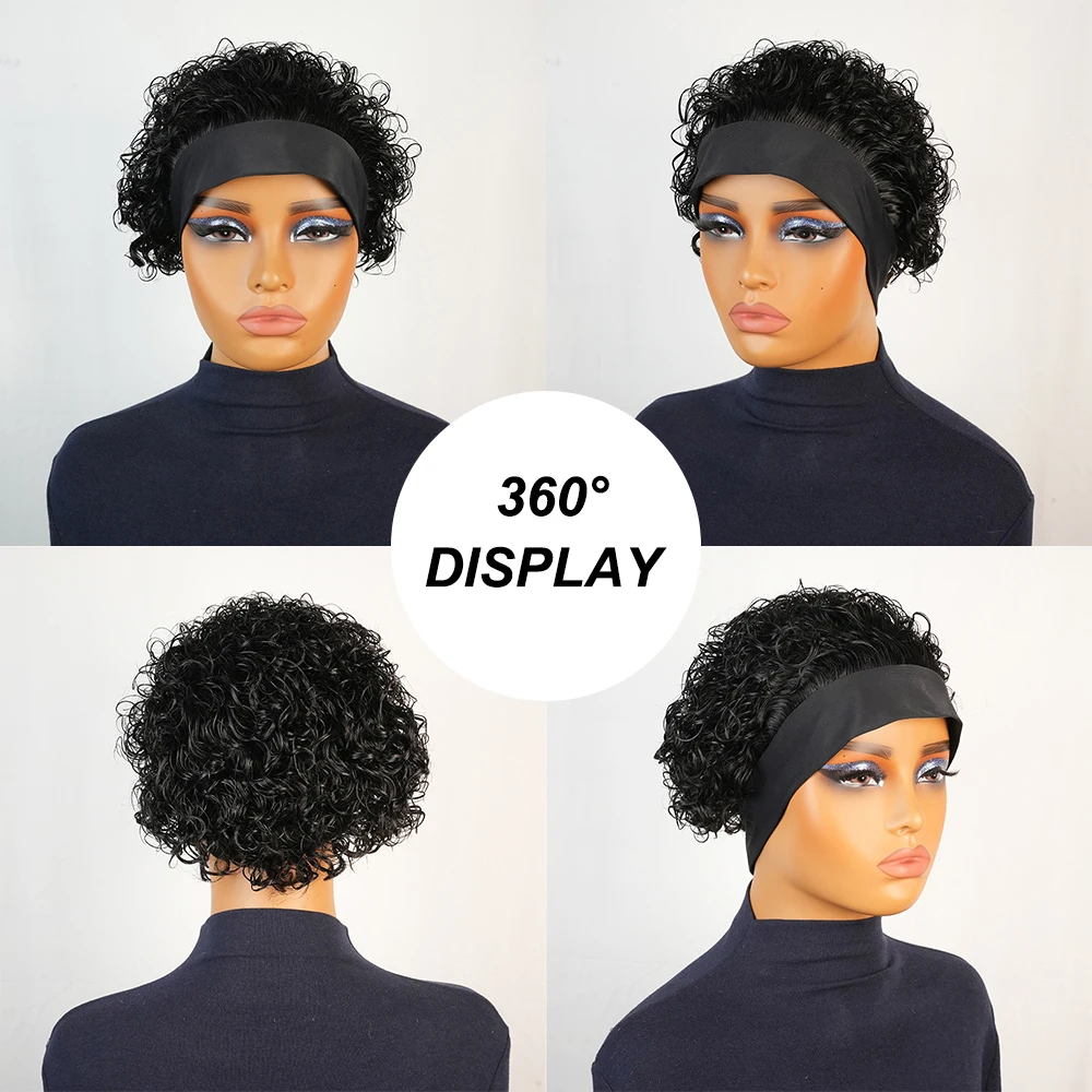 Влажные и волнистые короткие парики с стрижкой пикси, вьющиеся парики из человеческих волос с повязкой на голову для чернокожих женщин, базильские волосы, машинное производство, вьющиеся парики