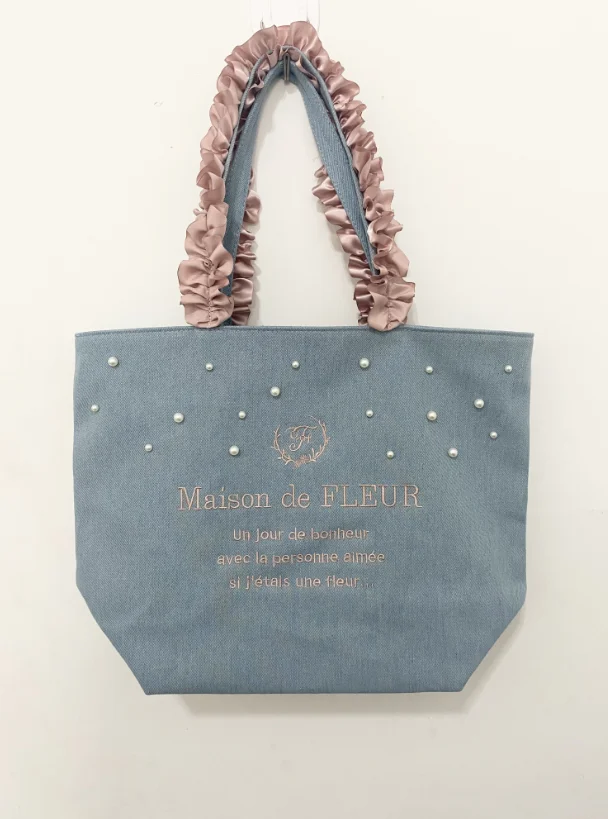 Japanese Style New Cute Denim Pearl Beads Flower Portable Shoulder Bag Female Girls Satin Tote Bag Fashion Handbags