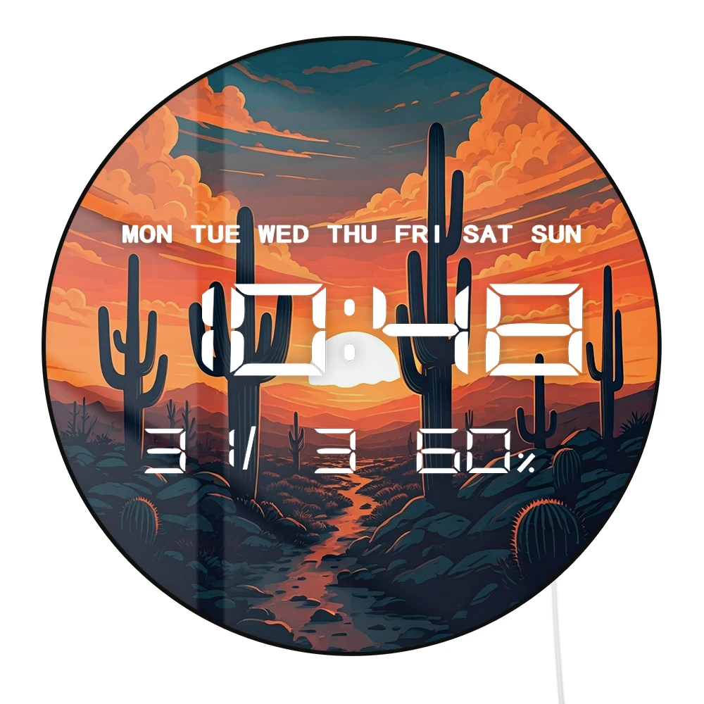 

Настенные часы Arizona Dessert Sunset с кактусами, LED-подсветкой и автоматическим затемнением, цифровые, в стиле вестерн, для домашнего декора, электрические, для настенного и настольного использования