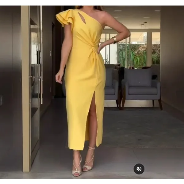 

Vintage Casual Dress for Women 2025 Spring Summer Yellow Solid O-Neck Sleeveless Asymmetrical Straight Vestidos Fashion Dresses