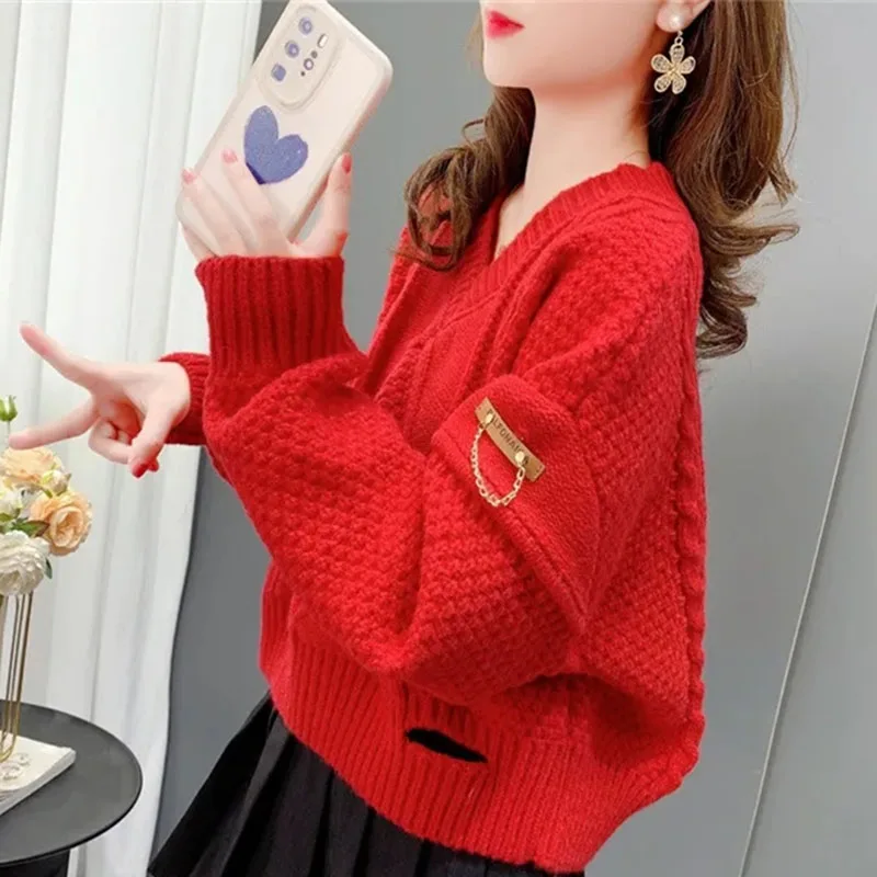 

Женское рваное вязаное пальто с v-образным вырезом для ленивого ветра, осенний женский однотонный пуловер, свитер с отверстиями, корейский женский вязаный топ с длинными рукавами