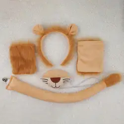 1/3/4Pcs Lion Costume Set Halloween Cosplay Soft Plush Lion Ear Headband Tail Gloves Nose Kit Animal Theme Party Accessories