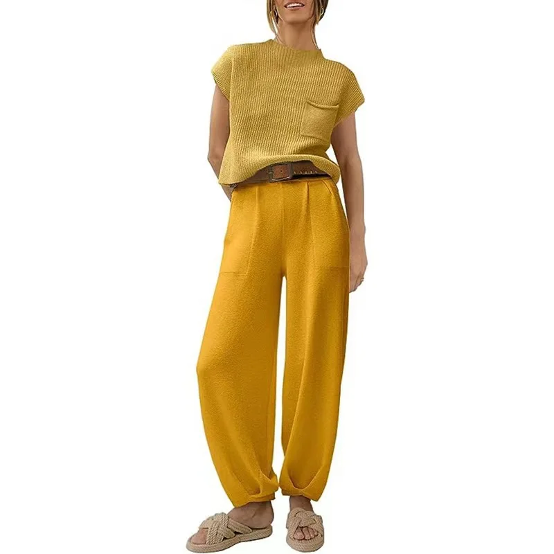 Autumn Solid Color Trousers Suit For Women Fashion Sports Style Short-sleeved Top High Waist Trousers Two-piece Women Streetwear