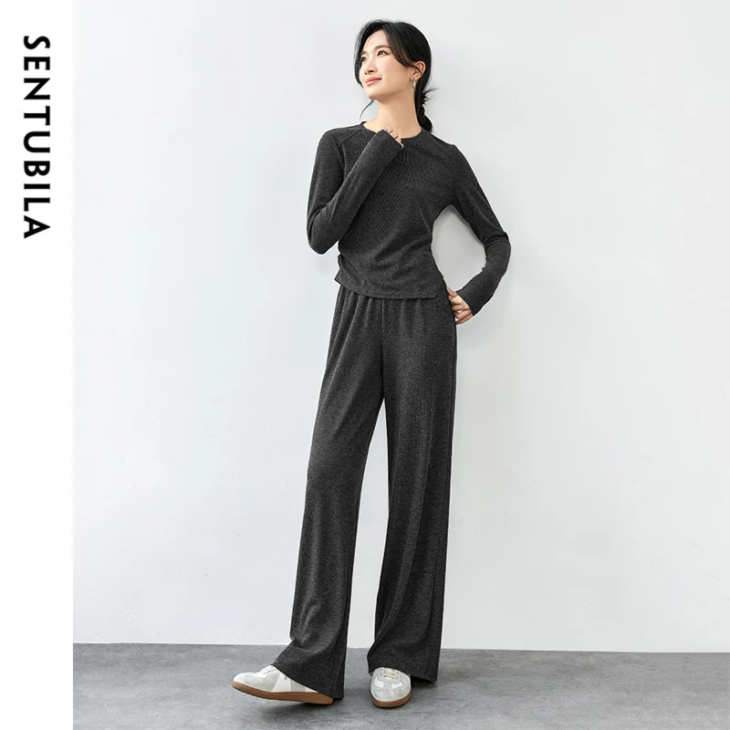 SENTUBILA Knit Sport 2 Piece Sets Womens Outfits Shirring Irregular Tops Straight-leg Pants 2024 Autumn Pant Sets 143Z56881