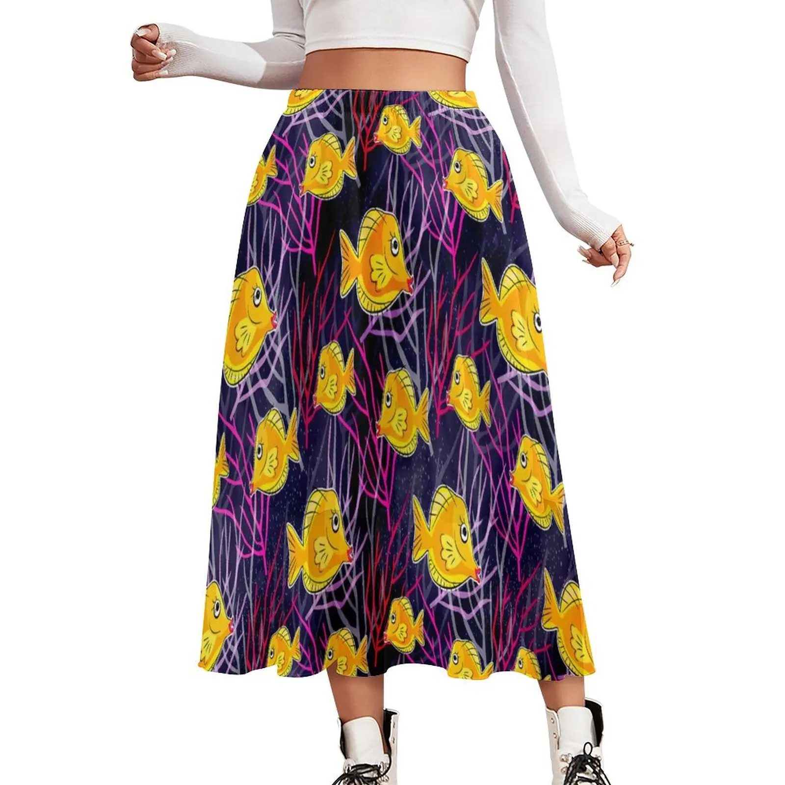 

Sea Fish in The Ocean Skirt Yellow Tang Elegant Long Skirts Elastic Waist Pattern Aesthetic A-line Skirt Big Size 2XL 3XL