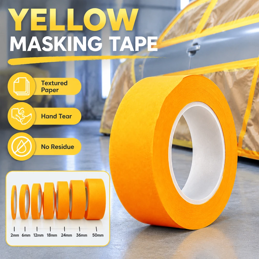 1-5Pcs Seamless Hand Tear No Mark Yellow Masking Tape, 50M/20M/18M Textured Paper Adhesive Tape, Car Paint Decoration, 18-50mm