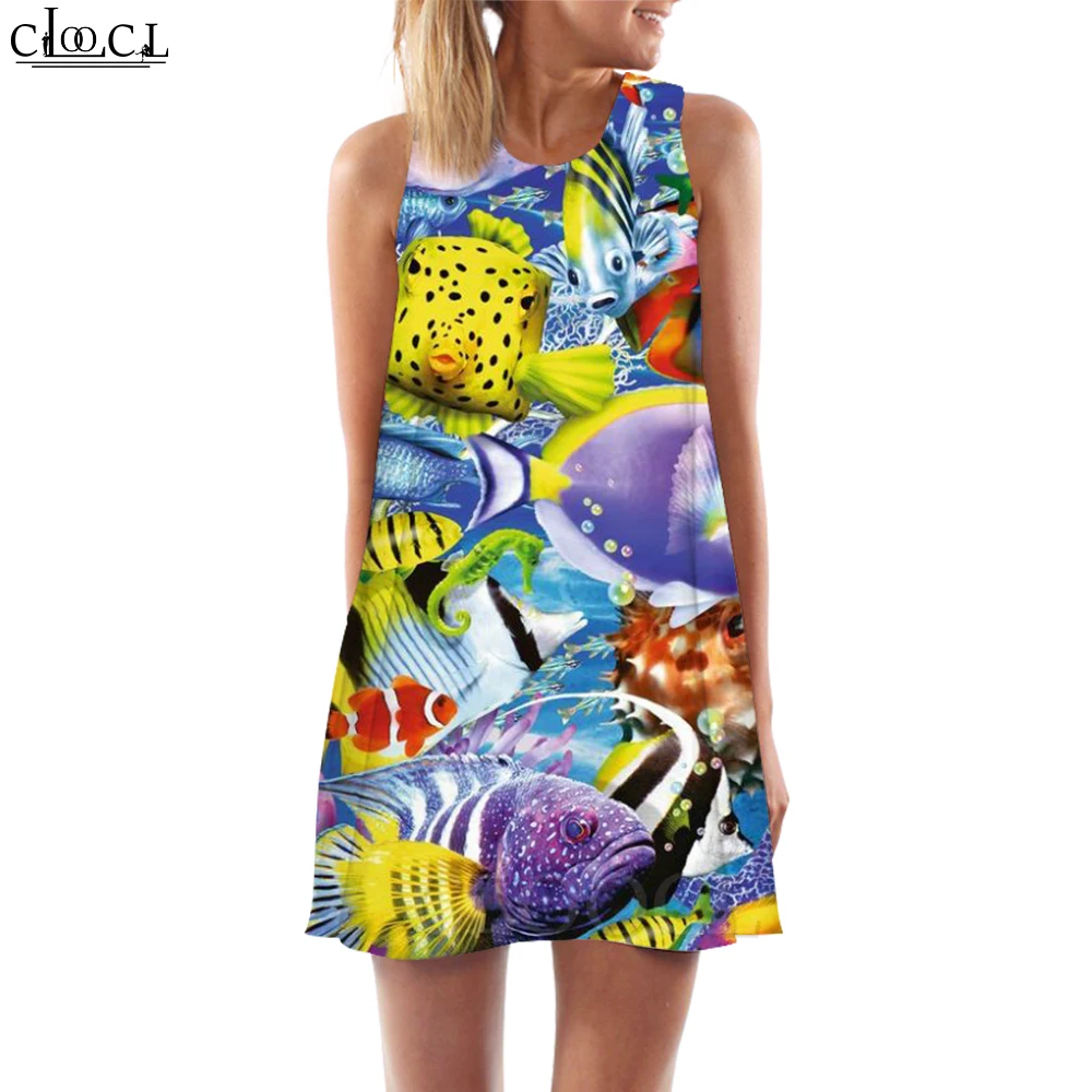 

CLOOCL Women Tank Tops Dress Short Dress Ocean Fish Animal Graphics 3D Printed Loose Waist Sleeveless Sundress Vestidos