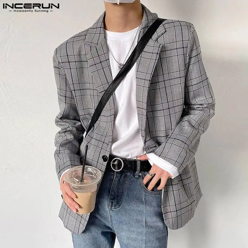 INCERUN Tops 2024 Korean Style Handsome Men Plaid Design Suit Coats Autumn Winter Casual Well Fitting Long Sleeved Blazer S-5XL