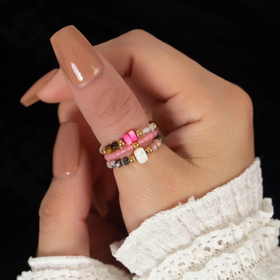 

Элегантный комплект колец из натурального камня с бисером для женщин, регулируемое кольцо из нержавеющей стали, модные ювелирные изделия для свадебной вечеринки, подарки