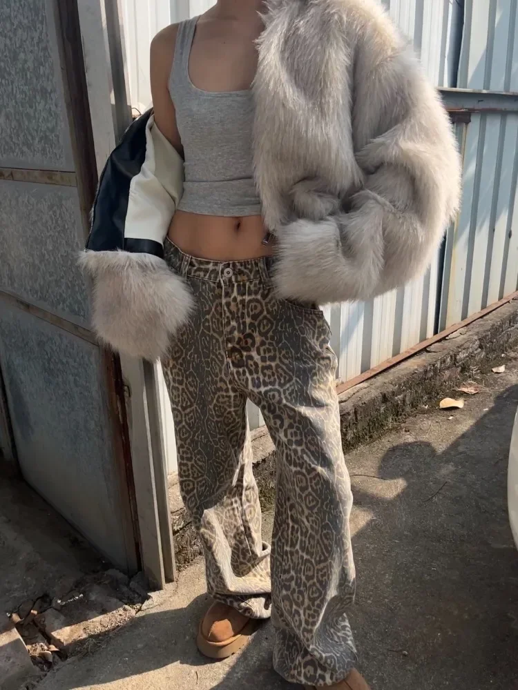 Deeptown Vintage Leopard Print Jeans Women Hip Hop Y2k Streetwear Denim Baggy Trousers Grunge Wide Leg Aesthetic Jeans Oversized