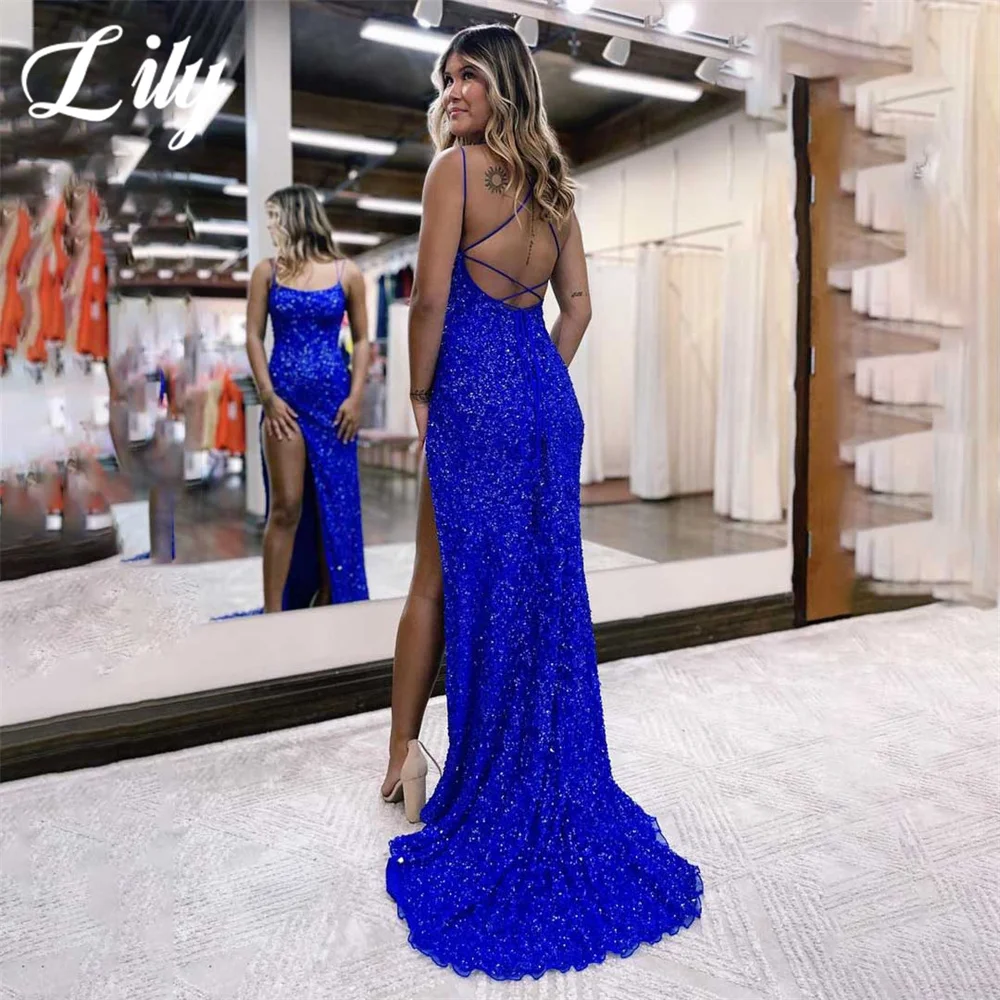 Lily Blue Chic Woman Evening Dress Gown Mermaid Sexy Split O-Neck Sequins Night Dresses Gown with Pleats Satin robes de soirée