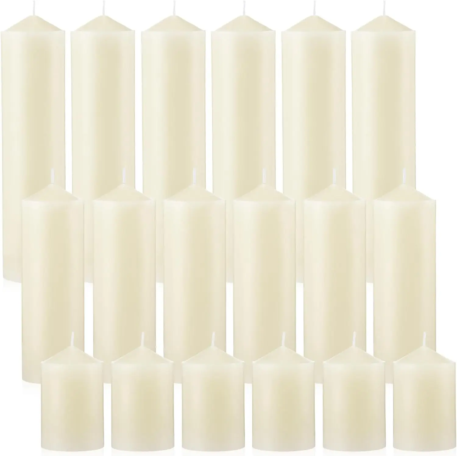 18 Pcs Set of 3 Pillar Candles Ivory Pillar Candle Bulk 2 in x 3, 6, 8 Long Burning Candles Unscented Smokeless Pillar Candles