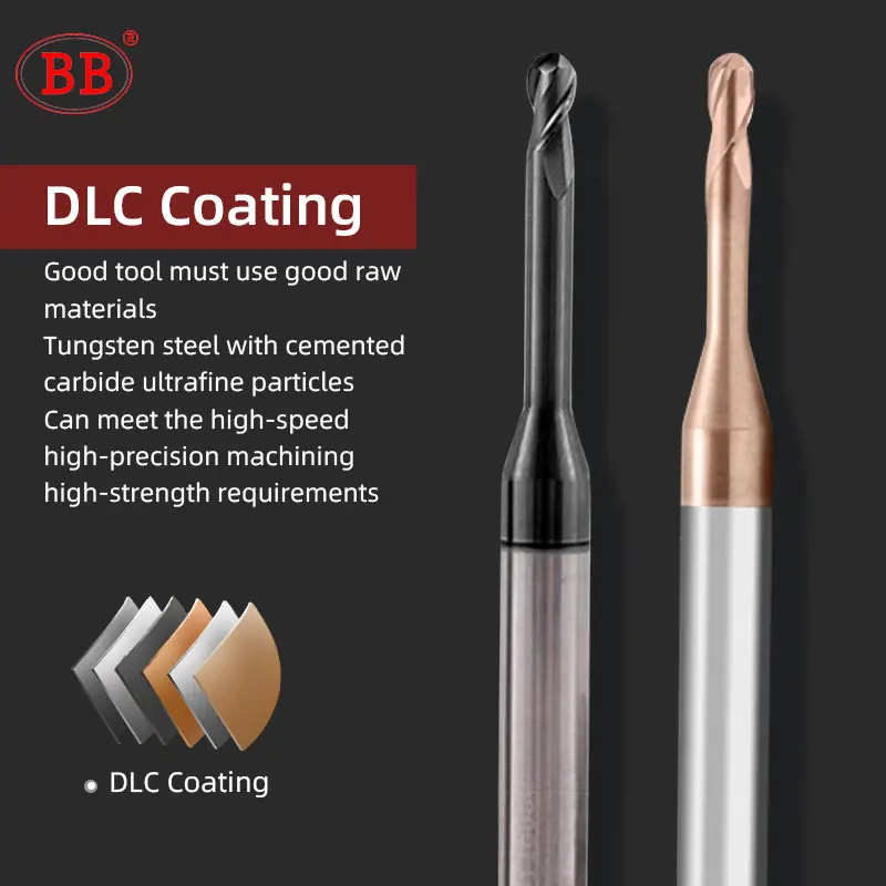 BB-Micro Ball End Mill, Long Neck, Carbide, CNC, Mini Rib pequena, Deep Machining Cutter, R0.1, R0.75, R1.5, Ferramenta para Aço Metal