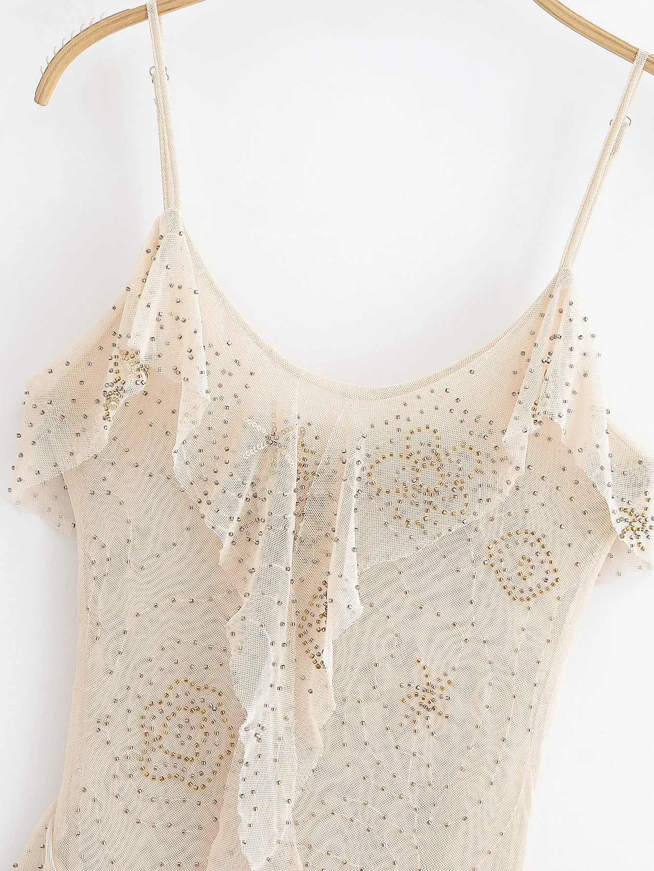 KONDALA Vrouwen Herfst Beige Slanke Jurk Founced edge Kralen Cami Lange Jurk Nieuwe 2025, Lente/Zomer Mode Vakantie Feest Strand Jurk